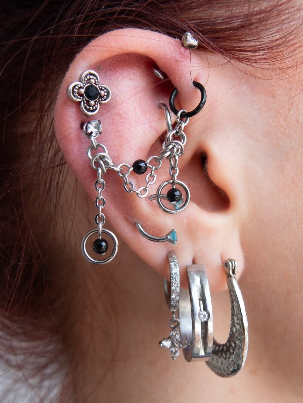Silver and black onyx cartilage chain connector โฆ piercing attachment โฆ